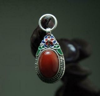 China Old Tibet Silver Cloisonne Inlay Zircon Ruby Flower Pendant A01