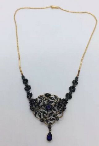 Antique Victorian 18k Gold & Silver Rose Cut Diamond & Amethyst Floral Necklace