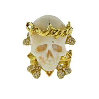 Bernard Delettrez Coral Diamond Sapphire Gold Skull Ring