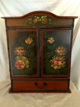 Vintage Wood Table Top Cabinet 2 Door Over Drawer Hand Painted Tole Florals Gdc