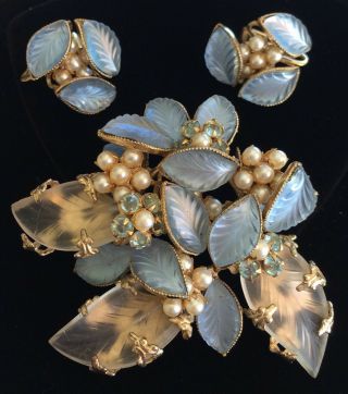 Vintage Schreiner N.  Y Brooch & Earrings Set Blue Glass/pearls/rs/goldtone Signed