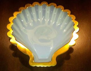 Antique French Opaline Translucent White Art Glass Shell Dish With Gold Rim Euc
