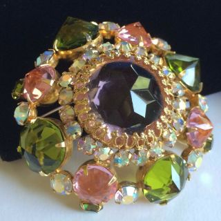 Vintage Schreiner N.  Y Brooch Pin Pink/green/aurora Borealis Rs/gold Tone Signed