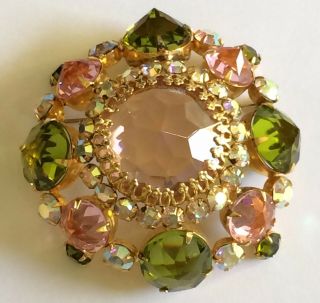 Vintage Schreiner N.  Y Brooch Pin Pink/Green/Aurora Borealis RS/Gold Tone Signed 2