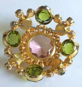 Vintage Schreiner N.  Y Brooch Pin Pink/Green/Aurora Borealis RS/Gold Tone Signed 3