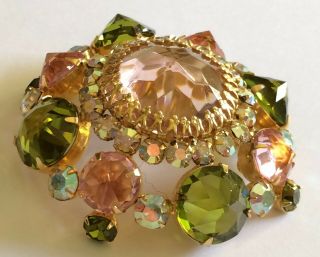 Vintage Schreiner N.  Y Brooch Pin Pink/Green/Aurora Borealis RS/Gold Tone Signed 4