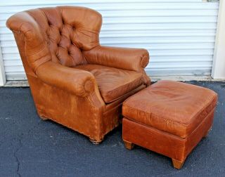 Vintage Restoration Hardware " Churchill " Nailhead Trim Lounge Chair & Ottoman