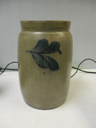 Antique Stoneware Cobalt Decorated Crock Jug Jar Feather Or Leaf - 9 " Tall