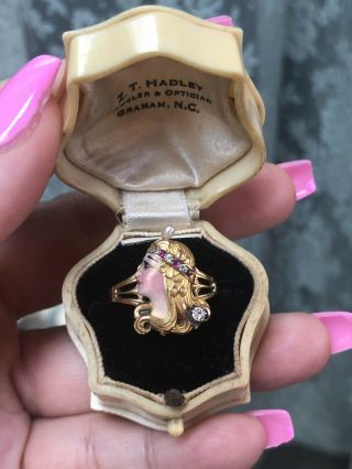 Art Nouveau Art Deco Antique 14k Gold Diamond Ruby Enamel Lady Profile Ring