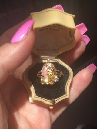 Art Nouveau Art Deco Antique 14k Gold Diamond Ruby Enamel Lady Profile Ring 2