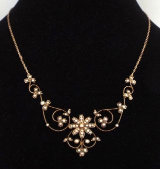 1890s - Fine Victorian 9k Rose Gold & Seed Pearls Necklace