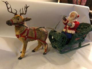 Antique Us Zone Germany Compo Santa Fur Reindeer & Sleigh Christmas Decoration