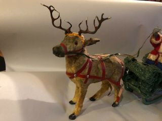 Antique US Zone Germany Compo Santa Fur Reindeer & Sleigh Christmas Decoration 2