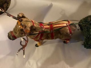 Antique US Zone Germany Compo Santa Fur Reindeer & Sleigh Christmas Decoration 3