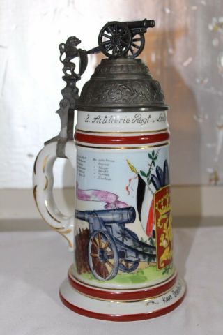 Antique 1896 - 99 German Artillery Regimental Lidded Stein Porcelain