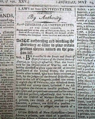 George Washington Act Of Congress Re.  Retired Military Pensions 1796 Newspaper