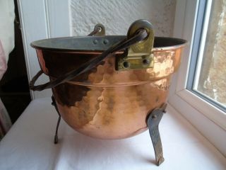 French Vintage Copper Pot Plant Wall Hammered Iron Leg Marked " Villedieu " Ml