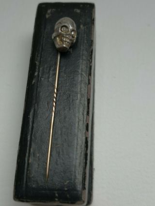 Victorian Memento Mori diamond set Skull to an 9ct gold stick pin boxed 10