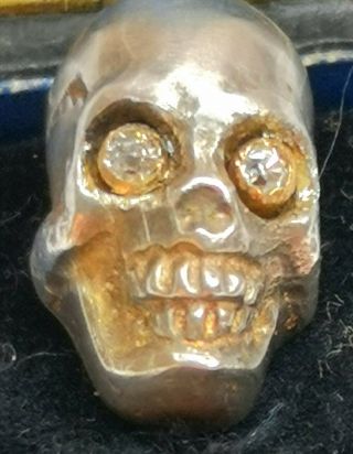 Victorian Memento Mori Diamond Set Skull To An 9ct Gold Stick Pin Boxed