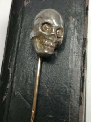 Victorian Memento Mori diamond set Skull to an 9ct gold stick pin boxed 2