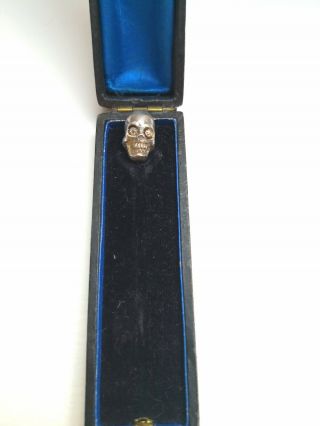 Victorian Memento Mori diamond set Skull to an 9ct gold stick pin boxed 4