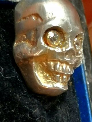Victorian Memento Mori diamond set Skull to an 9ct gold stick pin boxed 8