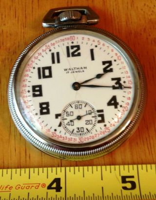 Vintage Wwii 1944 Waltham Pocket Watch,  17 J. ,  Size 16s,  Keystone Base Metal Case