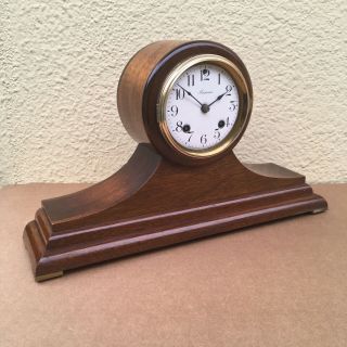 Antique Ansonia Tambour Mantle Clock Porcelain Dial Mahogany Body Needs Pendulum