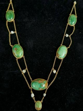 Antique Art Nouveau Turquoise Pearl 14k Gold Festoon Necklace - Estate Jewelry