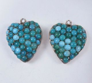 Antique Victorian Rare Pair Turquoise Pave Puffy Heart Pendants Earrings Gold Pl
