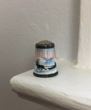 David Anderson Sterling Silver Guilloche Enamel Thimble Eskimo Reindeer Scene