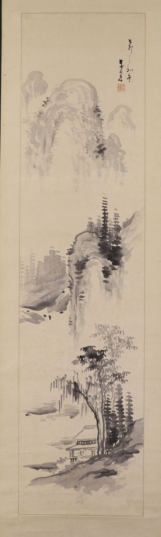 Japanese Hanging Scroll Art Painting Sansui Landscape Asian Antique E7407