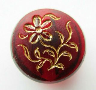 Lovely Antique Vtg Victorian Ruby Red Glass Button Incised Gold Flower 3/4 " (p)