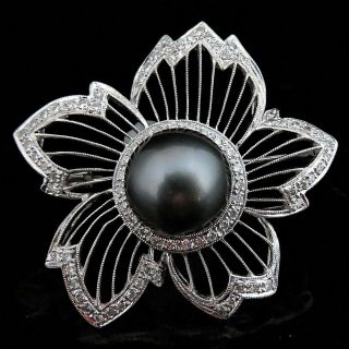 Estate Large Tahitian Black Pearl Diamond 14k White Gold Brooch Flower Vintage