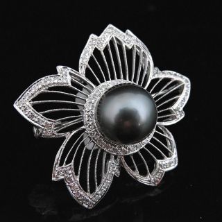 Estate Large Tahitian Black Pearl Diamond 14k White Gold Brooch Flower Vintage 2