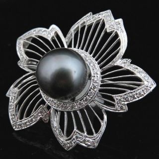 Estate Large Tahitian Black Pearl Diamond 14k White Gold Brooch Flower Vintage 3