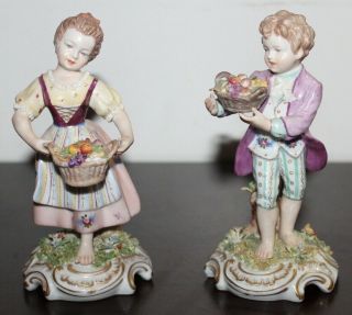 Rare Antique German Porcelain Figurines Boy & Girl Baskets Grapes