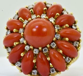 Antique Victorian Natural Red Coral,  18k Gold&diamond Ring.  12.  5g Heavy