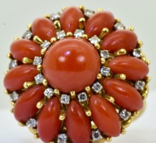 antique Victorian natural red Coral,  18k gold&Diamond ring.  12.  5g heavy 4