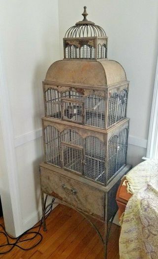Antique / Vintage Tiered Wrought Iron Bird Cage Parakeet Almost 6 Feet Tall