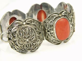 Vintage China 900 Silver Coral Filigree Cannetille Scroll Link Panel Bracelet