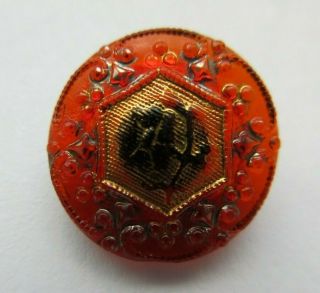 Stunning Antique Vtg Victorian Ruby Red Glass Button Gold Luster Flowers (p)