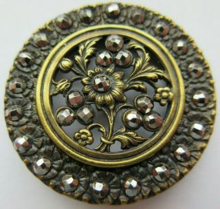 Incredible Xl Antique Vtg Victorian Metal Picture Button Flowers Cut Steels (p)