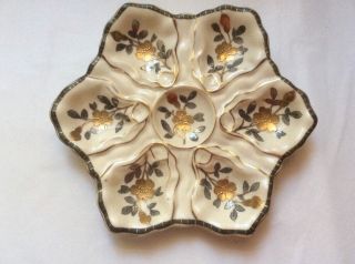 Oyster Plate Antique Hand Painted Large Gold & Silver Flowers & Leaves C1883