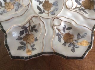 Oyster Plate Antique Hand Painted Large Gold & Silver Flowers & Leaves c1883 6