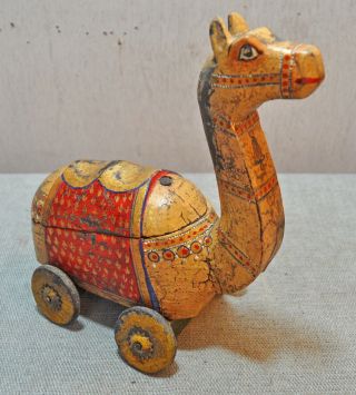 Old Vintage Hand Carved Painted Wooden Camel On Wheels Figurine Box