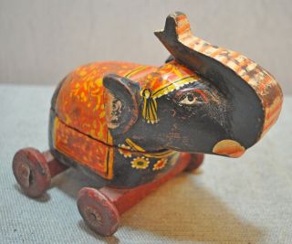 Old Vintage Hand Carved Painted Wooden Elephant On Wheels Figurine Box