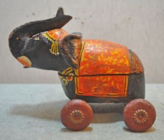 Old Vintage Hand Carved Painted Wooden Elephant on Wheels Figurine Box 2