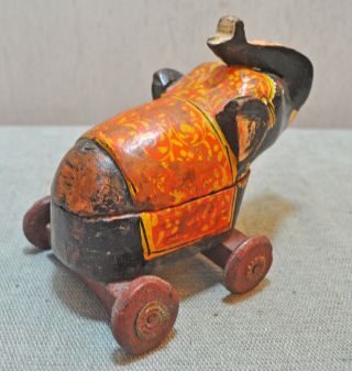 Old Vintage Hand Carved Painted Wooden Elephant on Wheels Figurine Box 4