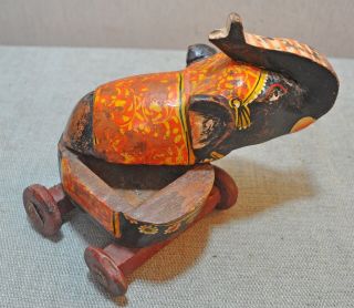 Old Vintage Hand Carved Painted Wooden Elephant on Wheels Figurine Box 6